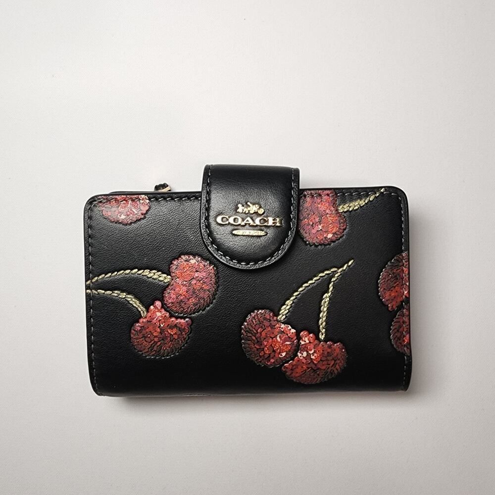 NWT Coach CDF10 Medium Corner Zip Wallet With Cherry Print Gold/Black Multi
